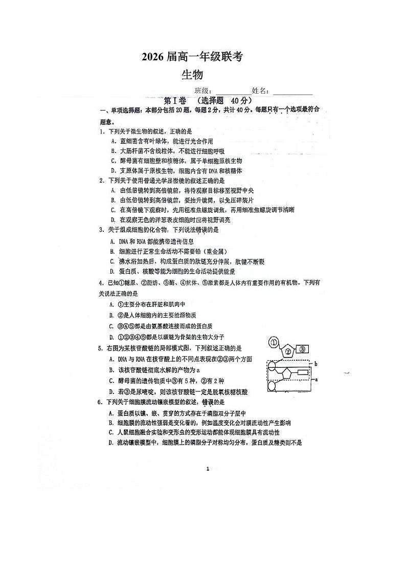 2024江苏省苏南八校高一上学期12月联考试题生物PDF版含答案第1页