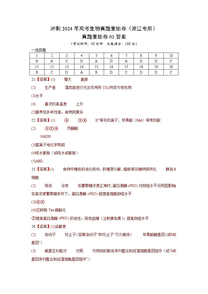 2024年浙江省杭州市高中高考冲刺生物真题重组卷01(解析版)01