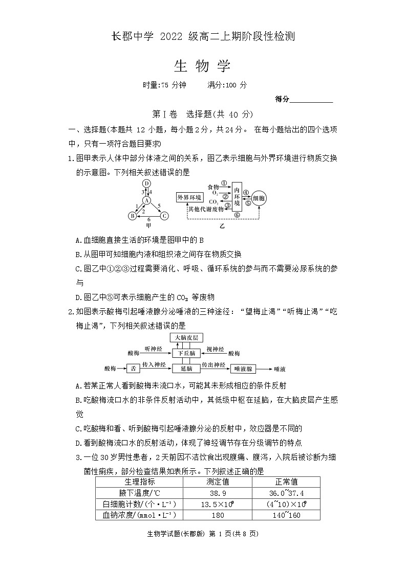 湖南省长沙市长郡中学2023-2024学年高二上学期12月阶段性检测生物试卷(Word版附答案)01