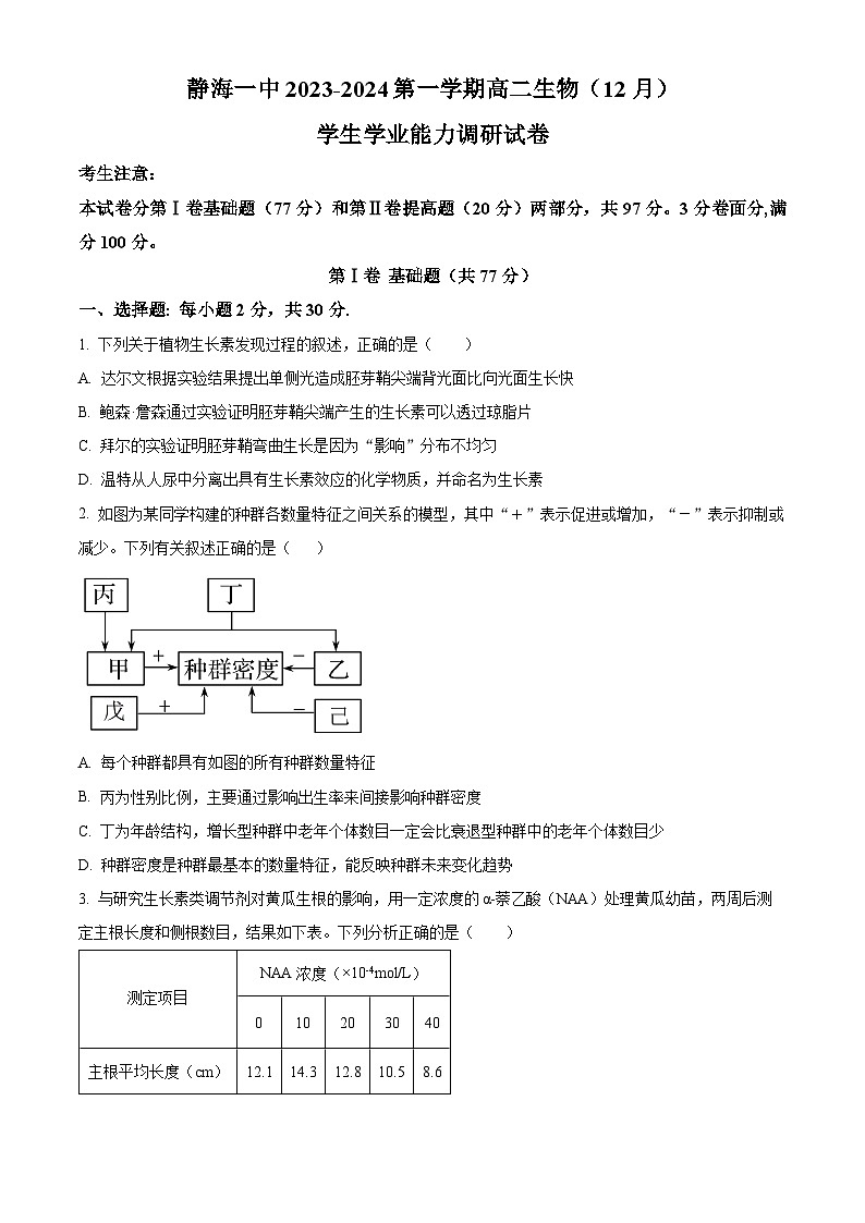 天津市静海区第一中学2023-2024学年高二上学期12月月考生物试题(Word版附解析)第1页