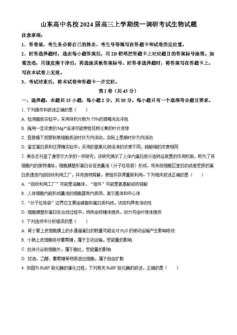精品解析:2024届山东省名校高三模拟预测生物试题(原卷版)第1页