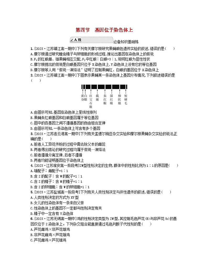 江苏专版2023_2024学年新教材高中生物第一章遗传的细胞基础第四节基因位于染色体上分层作业苏教版必修201