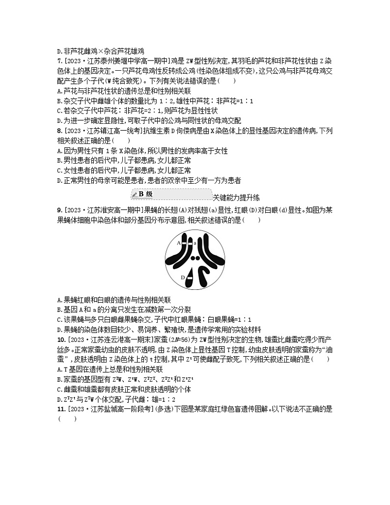 江苏专版2023_2024学年新教材高中生物第一章遗传的细胞基础第四节基因位于染色体上分层作业苏教版必修202