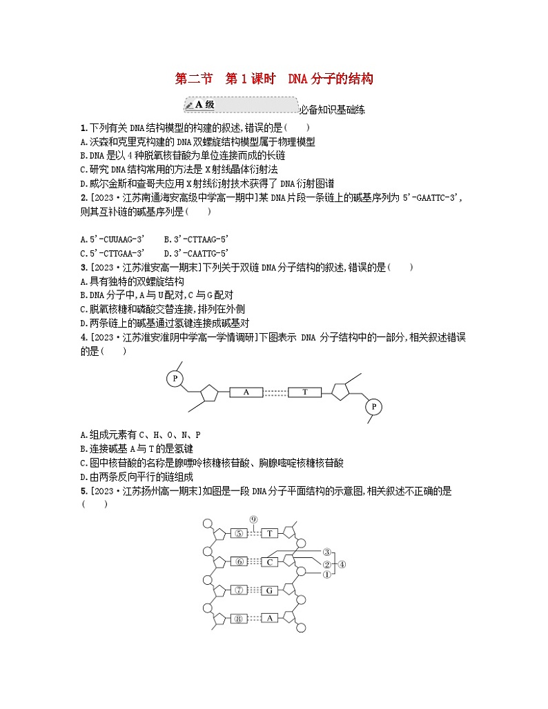 江苏专版2023_2024学年新教材高中生物第二章遗传的分子基础第二节DNA分子的结构和复制第一课时DNA分子的结构分层作业苏教版必修201