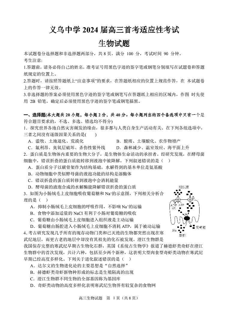 2024浙江省义乌中学高三上学期首考适应性考试生物PDF版含答案01