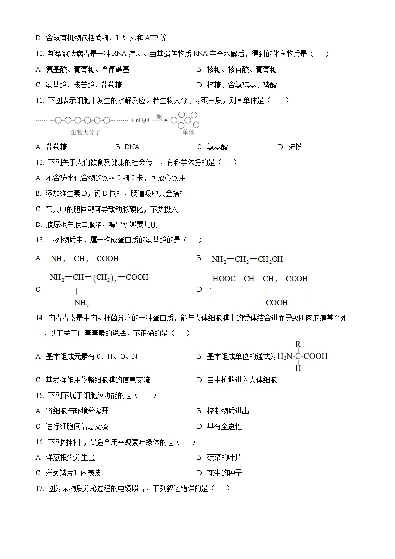 2024北京顺义区一中高一上学期12月月考试题生物含解析02