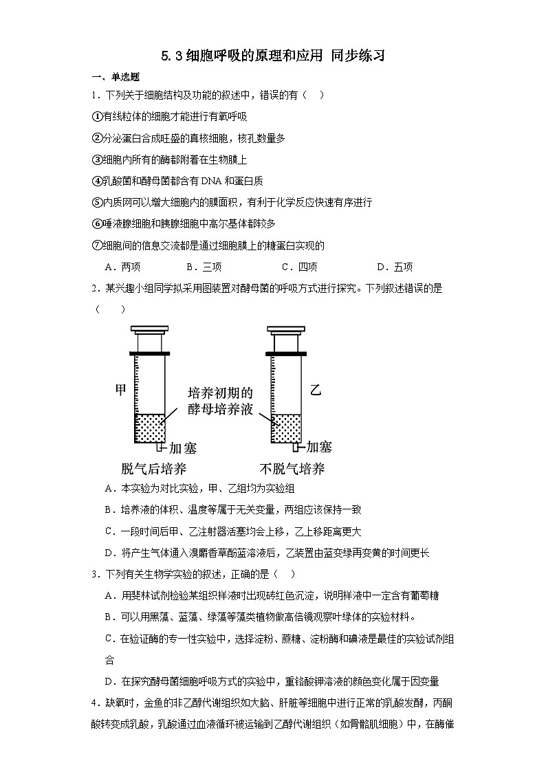 5.3细胞呼吸的原理和应用同步练习 高中生物人教版必修1第1页