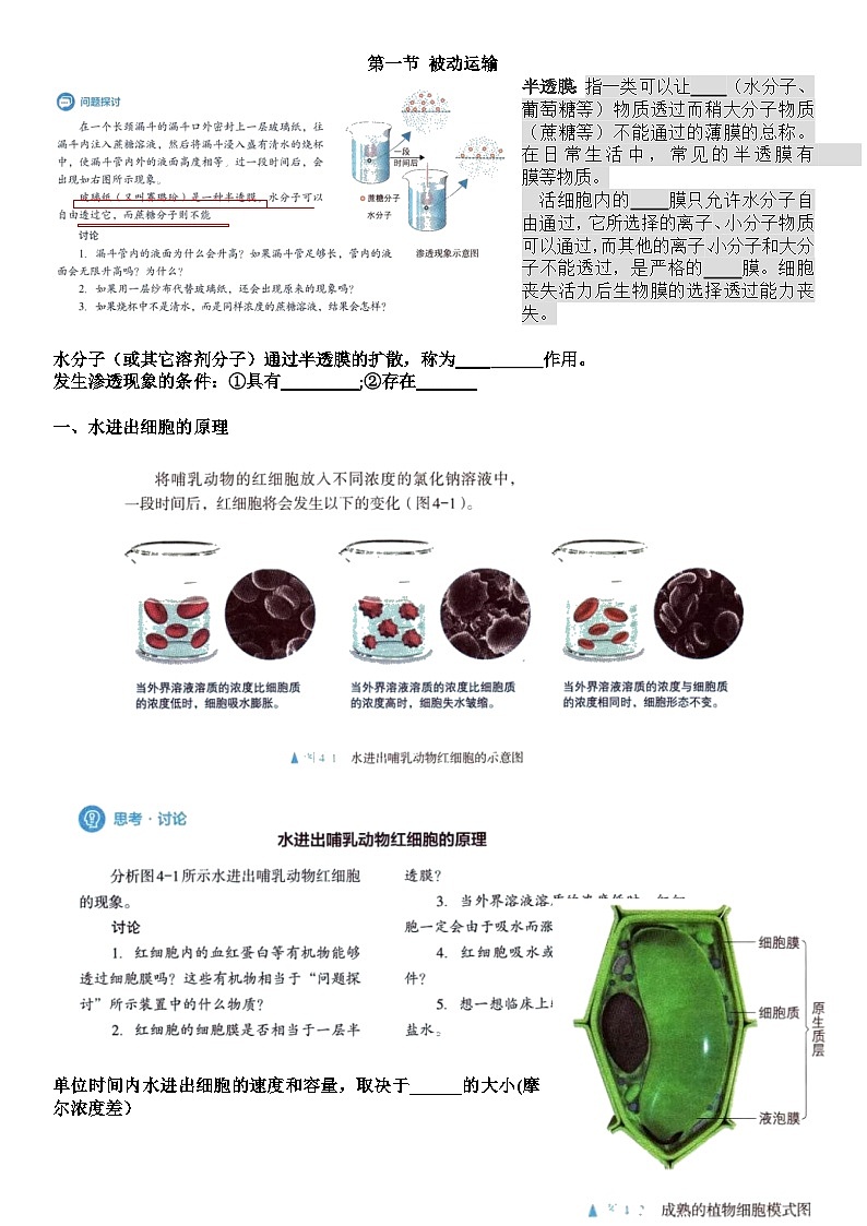 第4章细胞的物质输入和输出导学案 高中生物人教版必修101