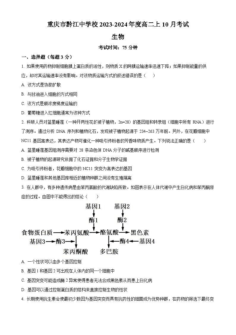 重庆市黔江中学校2023-2024学年高二10月月考生物试题无答案第1页