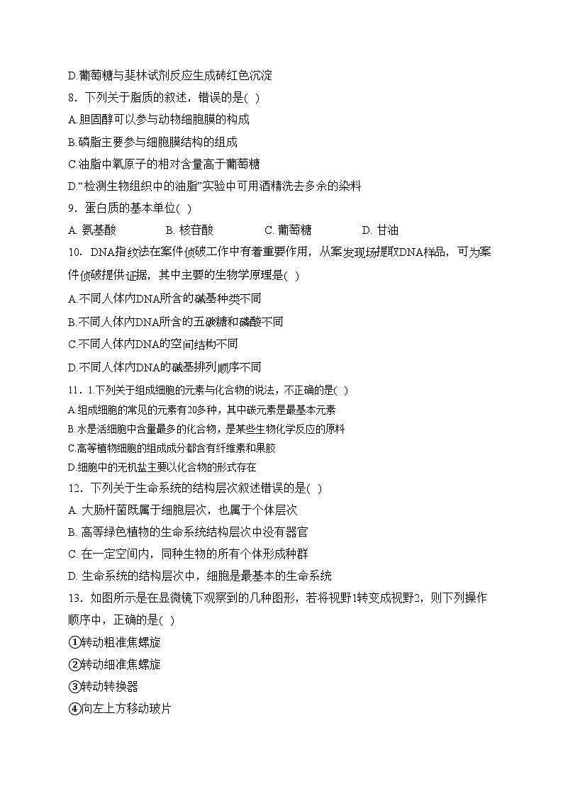 達(dá)州外國語學(xué)校2023-2024學(xué)年高一上學(xué)期半期考試生物試卷(含答案)第2頁