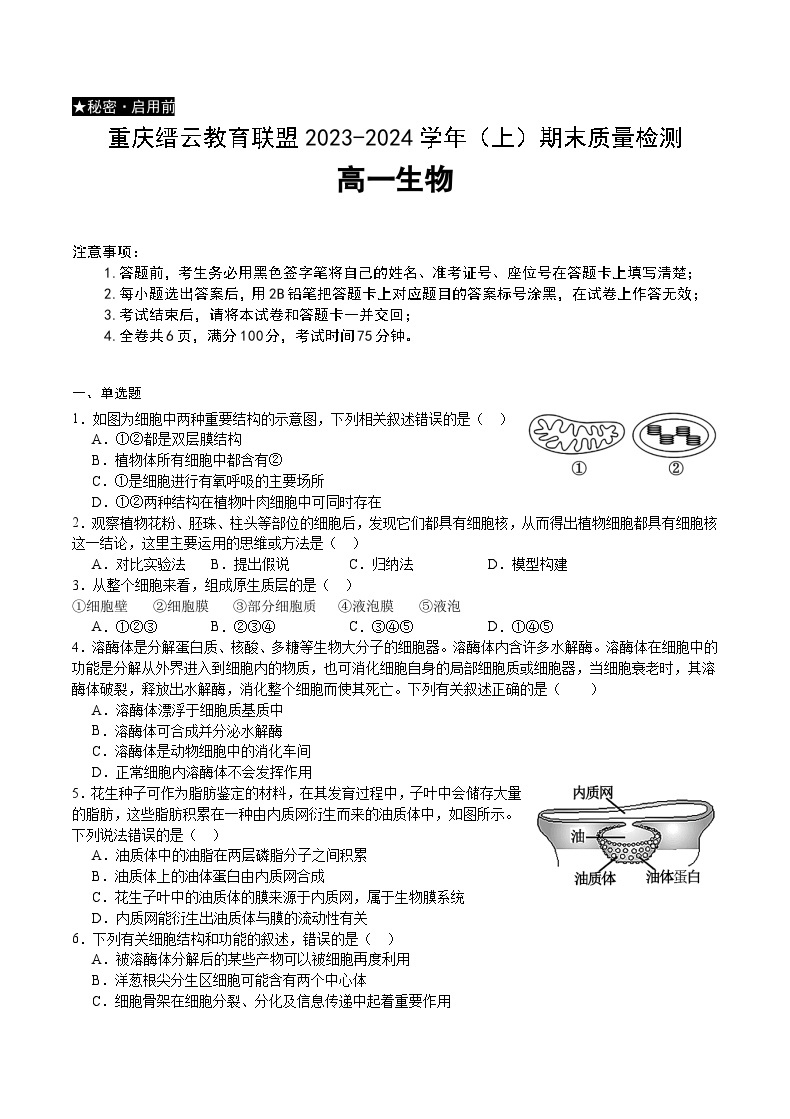 重庆市缙云教育联盟2023-2024学年高一上学期1月期末生物学试题01