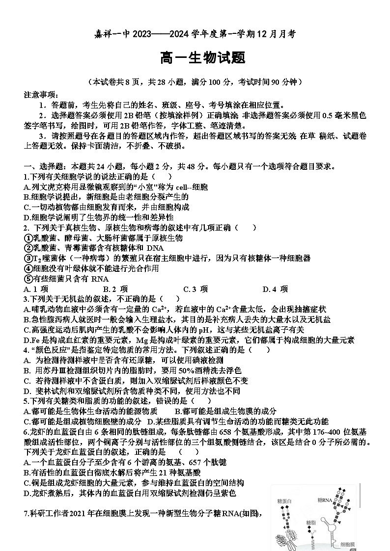 山东省嘉祥县第一中学2023-2024学年高一上学期12月月考生物试题(Word版附答案)01