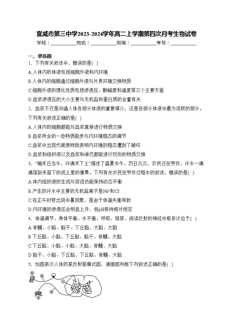 宣威市第三中学2023-2024学年高二上学期第四次月考生物试卷(含答案)第1页