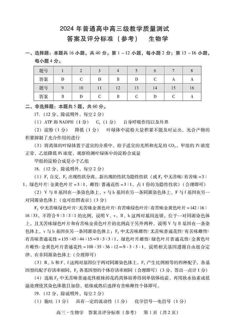 广东省揭阳市2023-2024学年上学期高三生物学模拟试题第1页