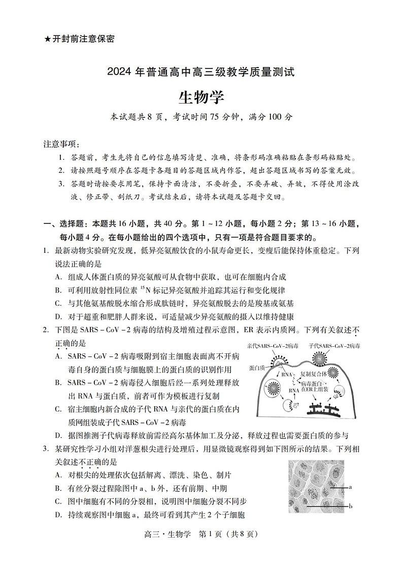 广东省揭阳市2023-2024学年上学期高三生物学模拟试题第3页