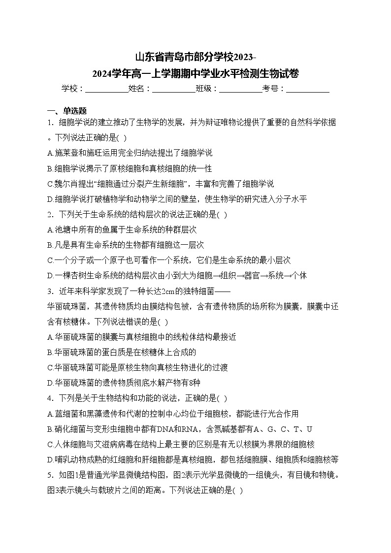 山东省青岛市部分学校2023-2024学年高一上学期期中学业水平检测生物试卷(含答案)01