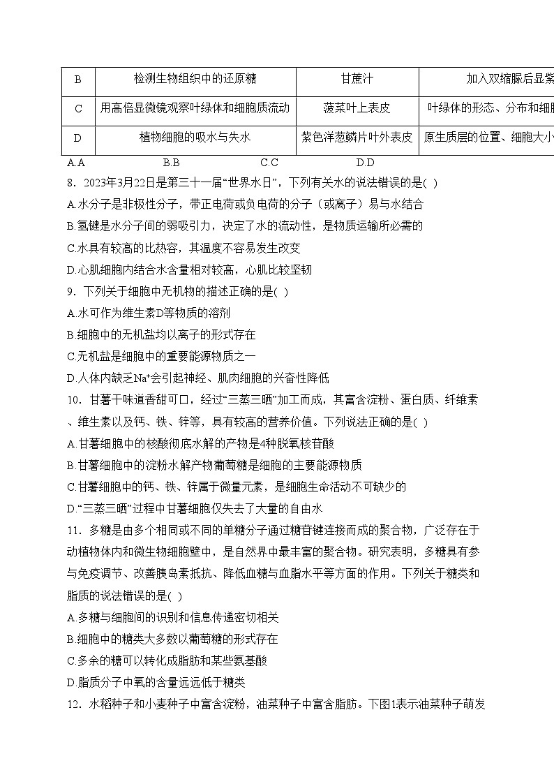 山东省青岛市部分学校2023-2024学年高一上学期期中学业水平检测生物试卷(含答案)03