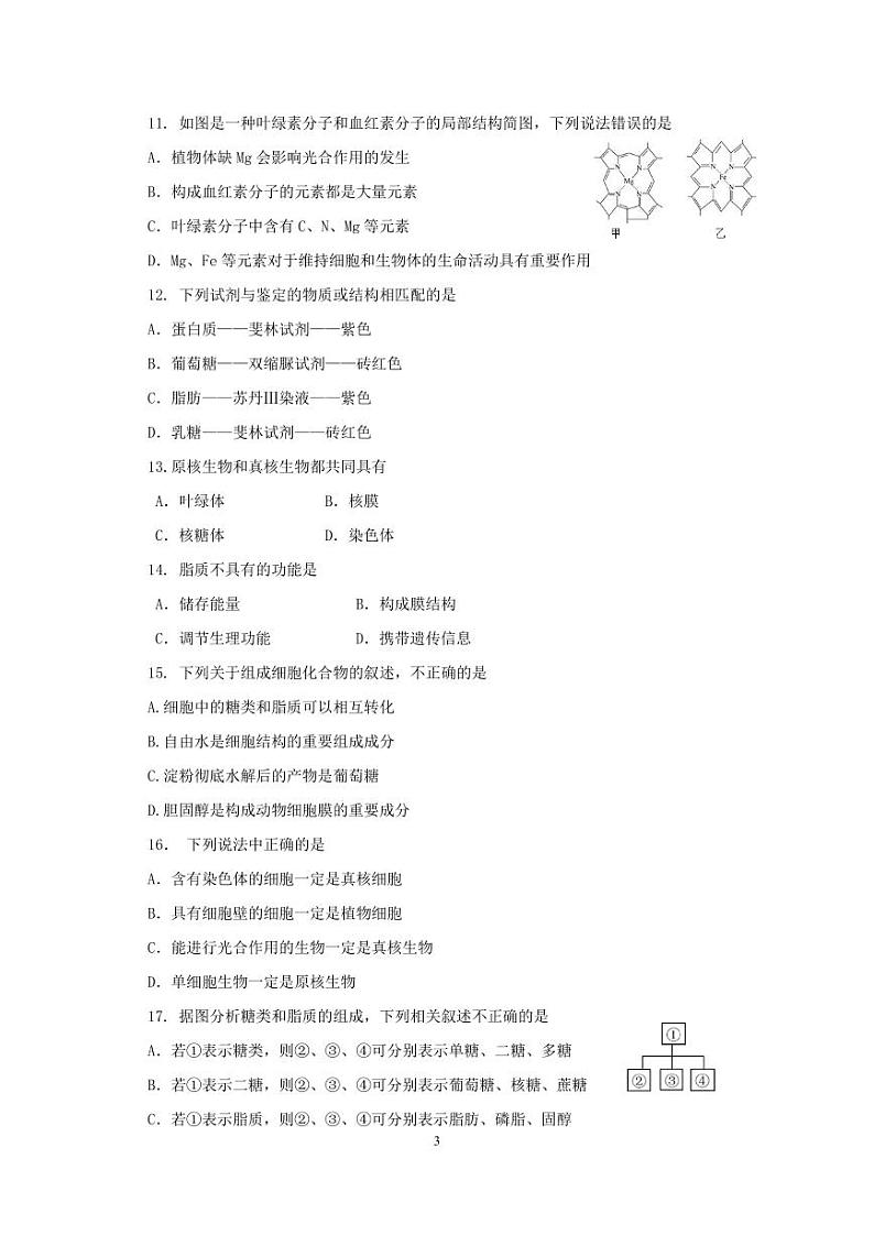 山西省太原市育英中学校2023-2024学年高一上学期生物月考试题第3页