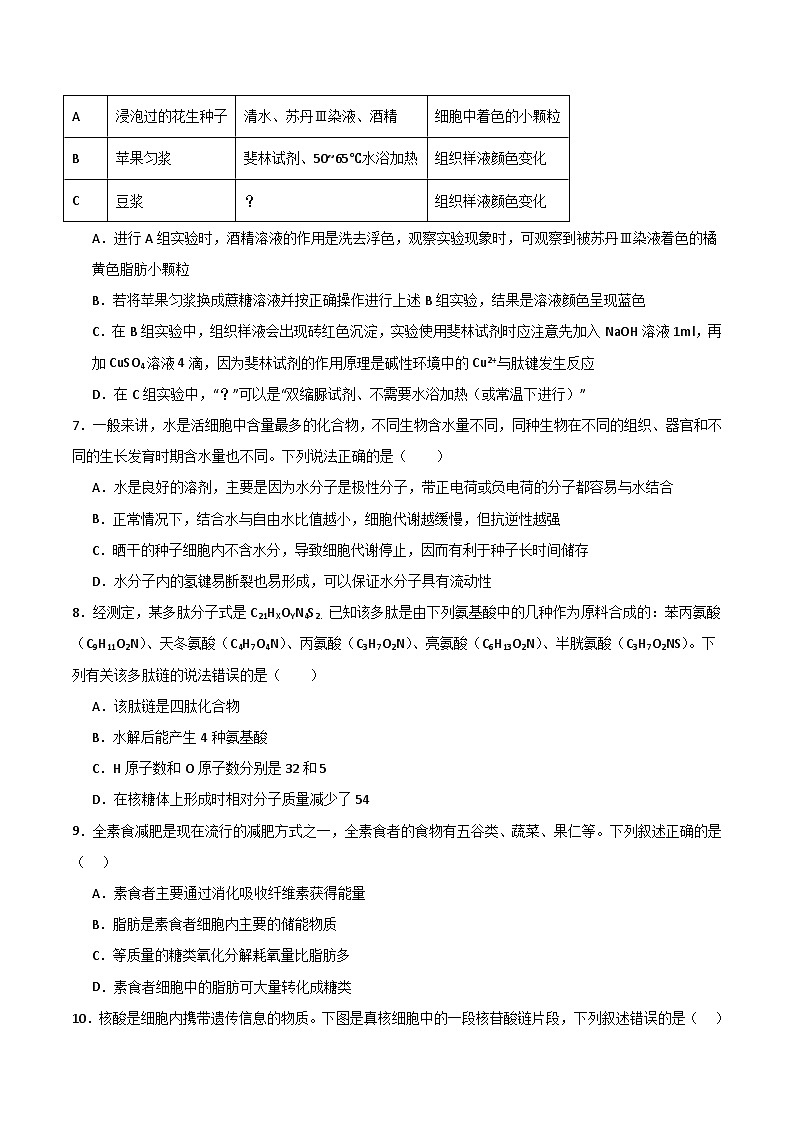 单元检测卷01 细胞的概述及其组成分子(原卷版)第2页