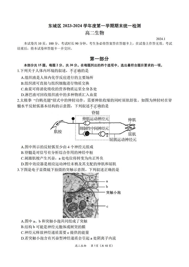 北京市东城区2023-2024学年高二上学期期末生物试题(PDF版附答案)01