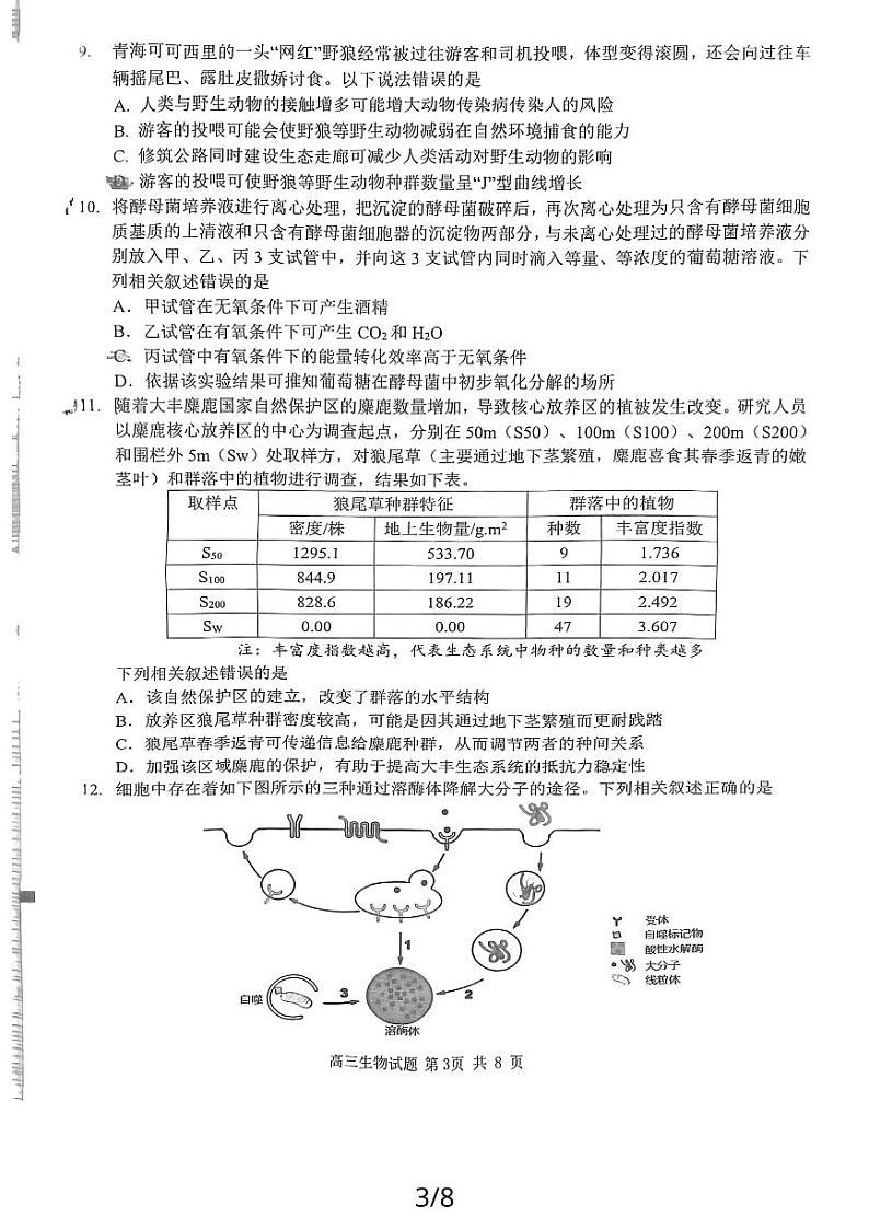 2024届福建省泉州市高中高三上学期毕业班质量监测(二)生物03
