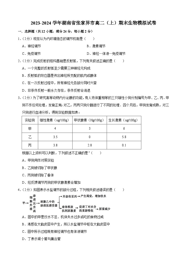 湖南省张家界市2023-2024学年高二上学期期末模拟生物试卷01