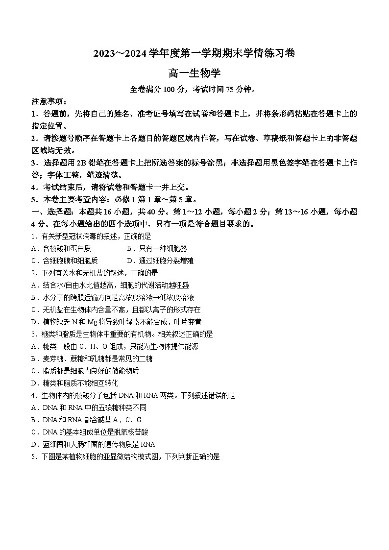 25,广东省茂名市高州市四中2023-2024学年高一上学期期末模拟生物试题第1页