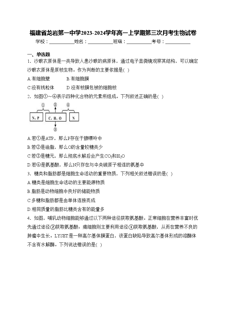 福建省龙岩第一中学2023-2024学年高一上学期第三次月考生物试卷(含答案)01