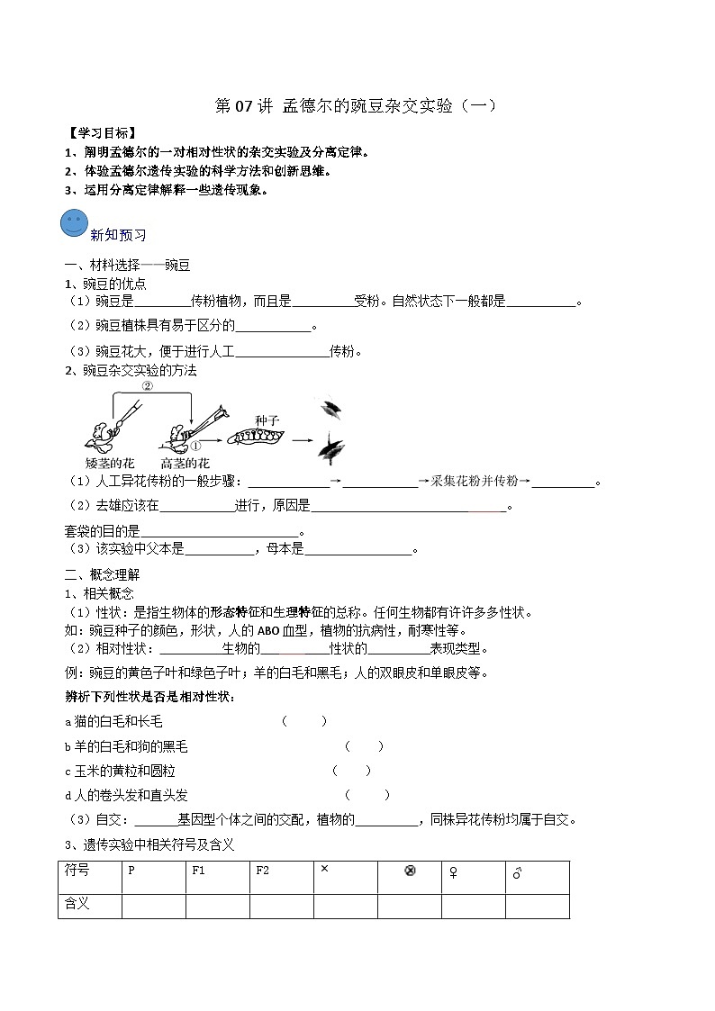 第07講 孟德?tīng)柕耐愣闺s交實(shí)驗(yàn)（一）（學(xué)生卷）-【寒假銜接講義】高一生物寒假講義練習(xí)第1頁(yè)