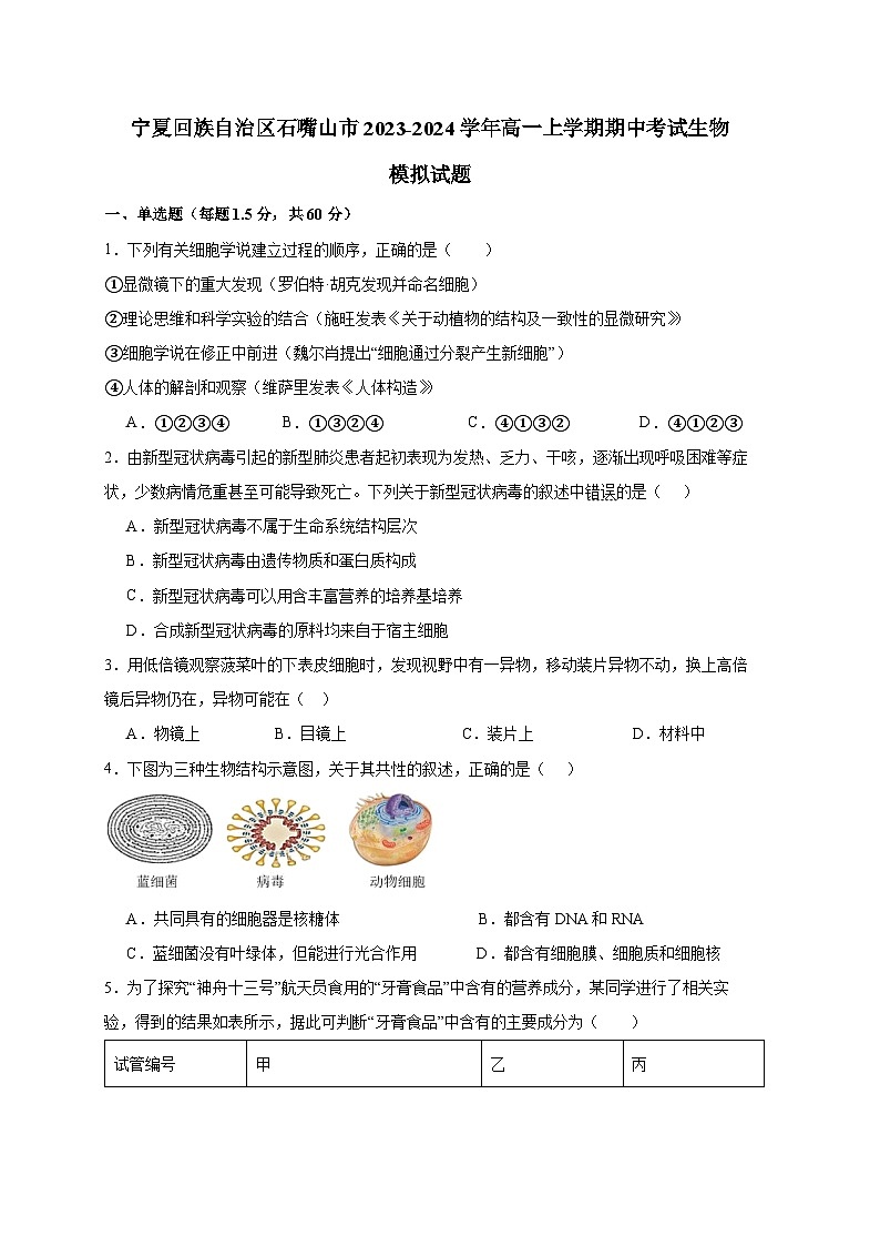 寧夏回族自治區(qū)石嘴山市2023-2024學(xué)年高一上冊(cè)期中考試生物模擬試題（附答案）第1頁