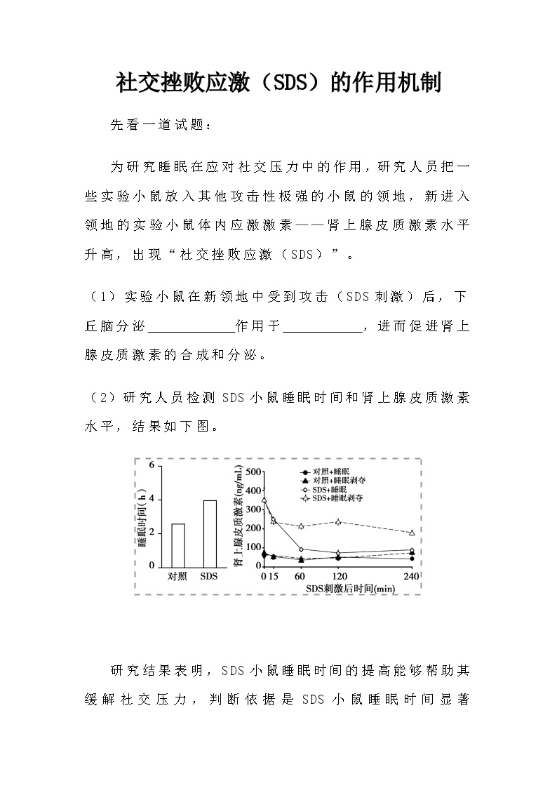 备课素材知识点：社交挫败应激（SDS）的作用机制  高中生物人教版选择性必修1