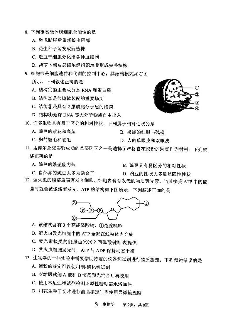 2024湖州高一上学期1月期末考试生物PDF版含答案第2页