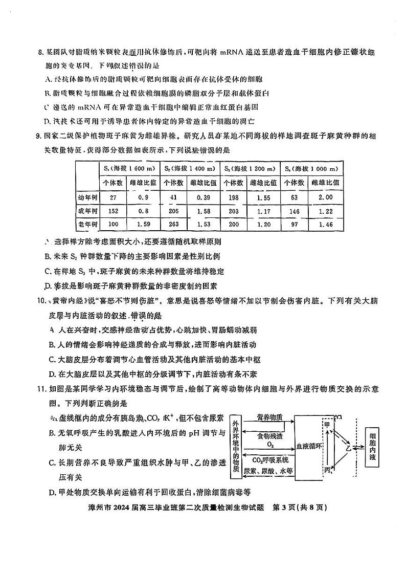 福建省漳州市2024届高三上学期第二次质量检测生物03