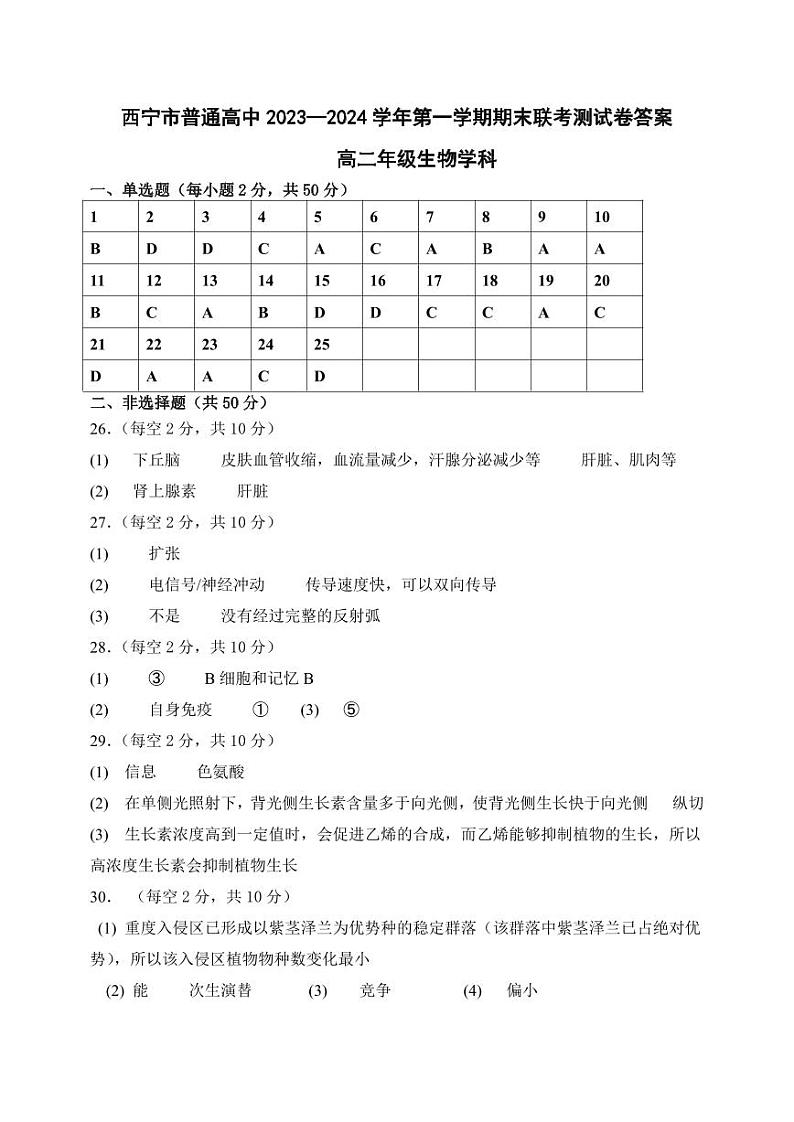 青海省西宁市2023-2024学年高二上学期期末联考生物答案第1页