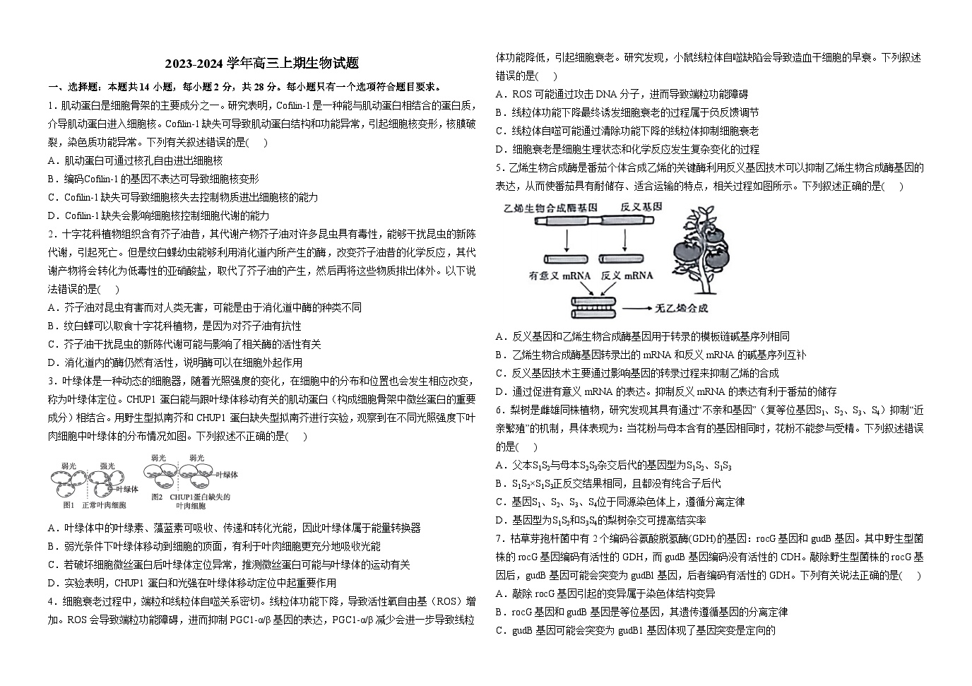 187，江苏省镇江市一中2023-2024学年高三上学期1月阶段检测生物试题