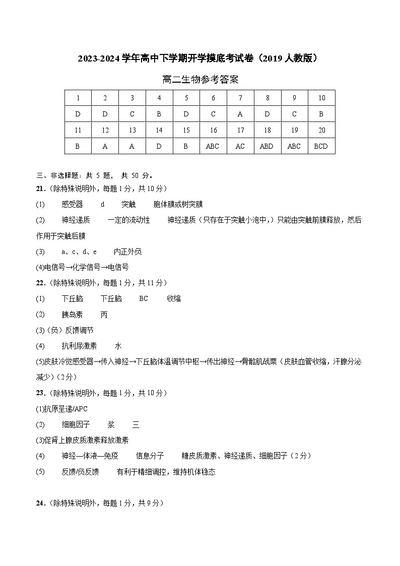 高二生物开学摸底考(2019人教版)(参考答案)第1页