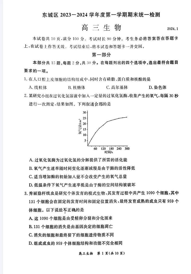 2024北京东城区高三上学期期末考试生物PDF版含答案第1页