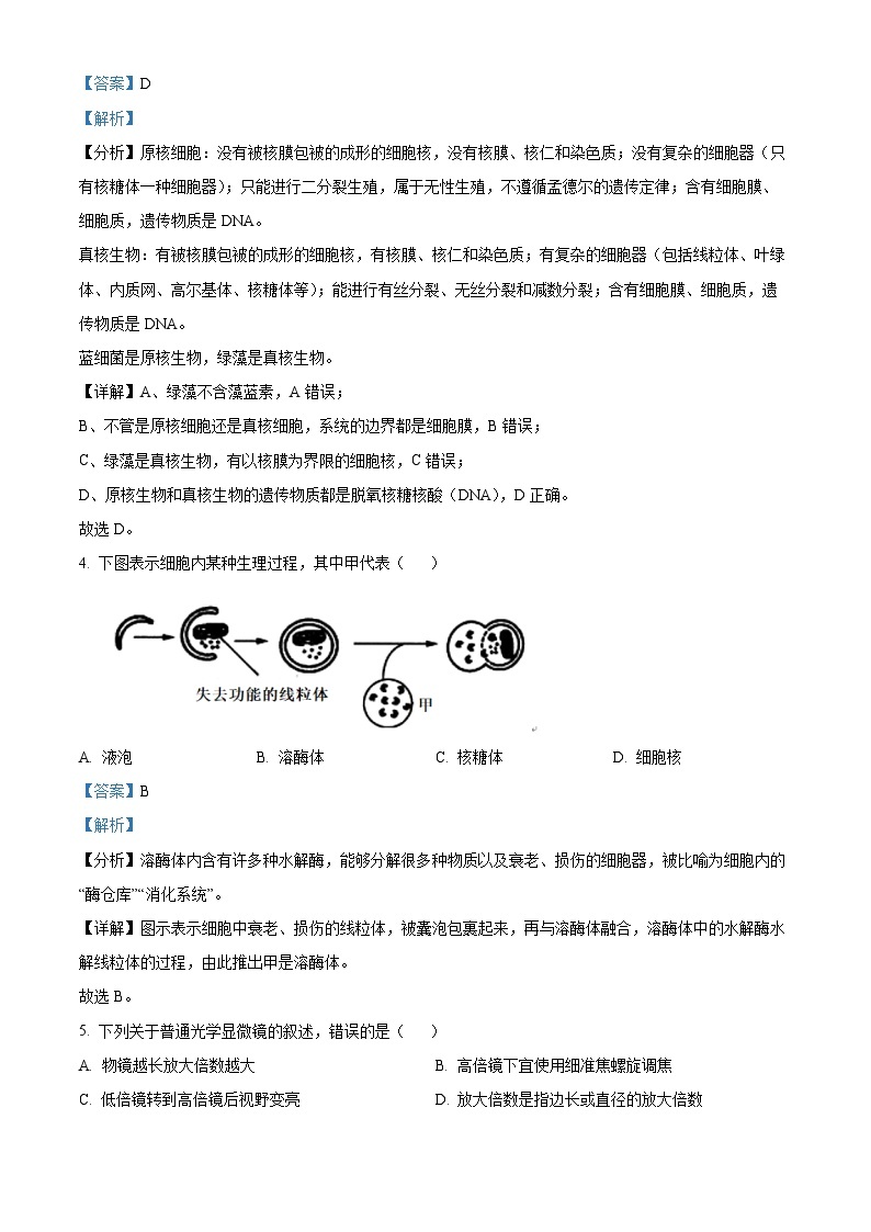 福建省莆田市2023-2024学年高一上学期期末生物试题（Word版附解析）02