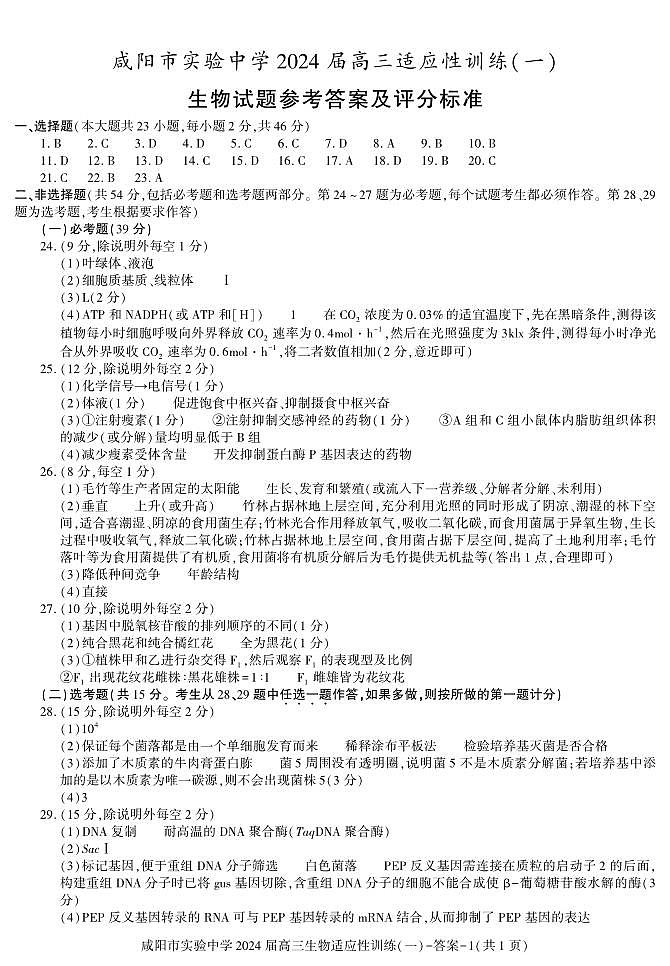 2024咸阳实验中学高三下学期适应训练(一)生物PDF版含答案01
