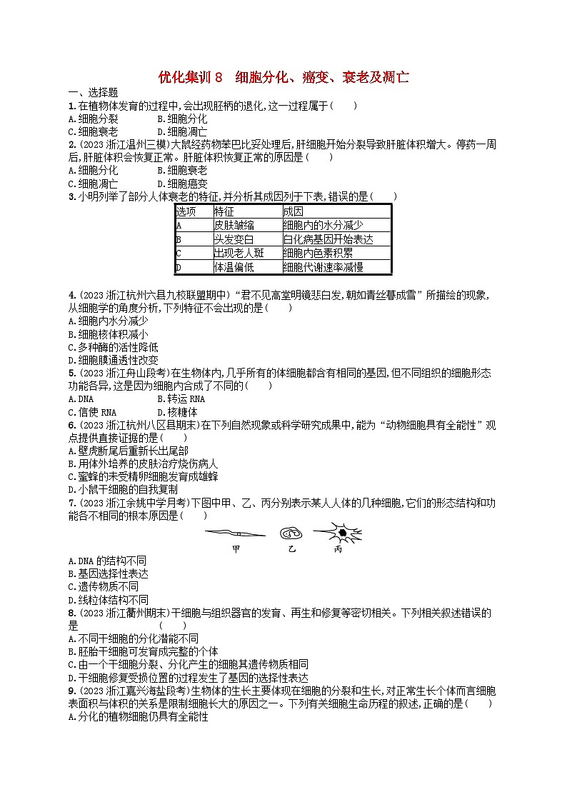 2024高考生物基础知识复习优化集训试题8细胞分化癌变衰老及凋亡01