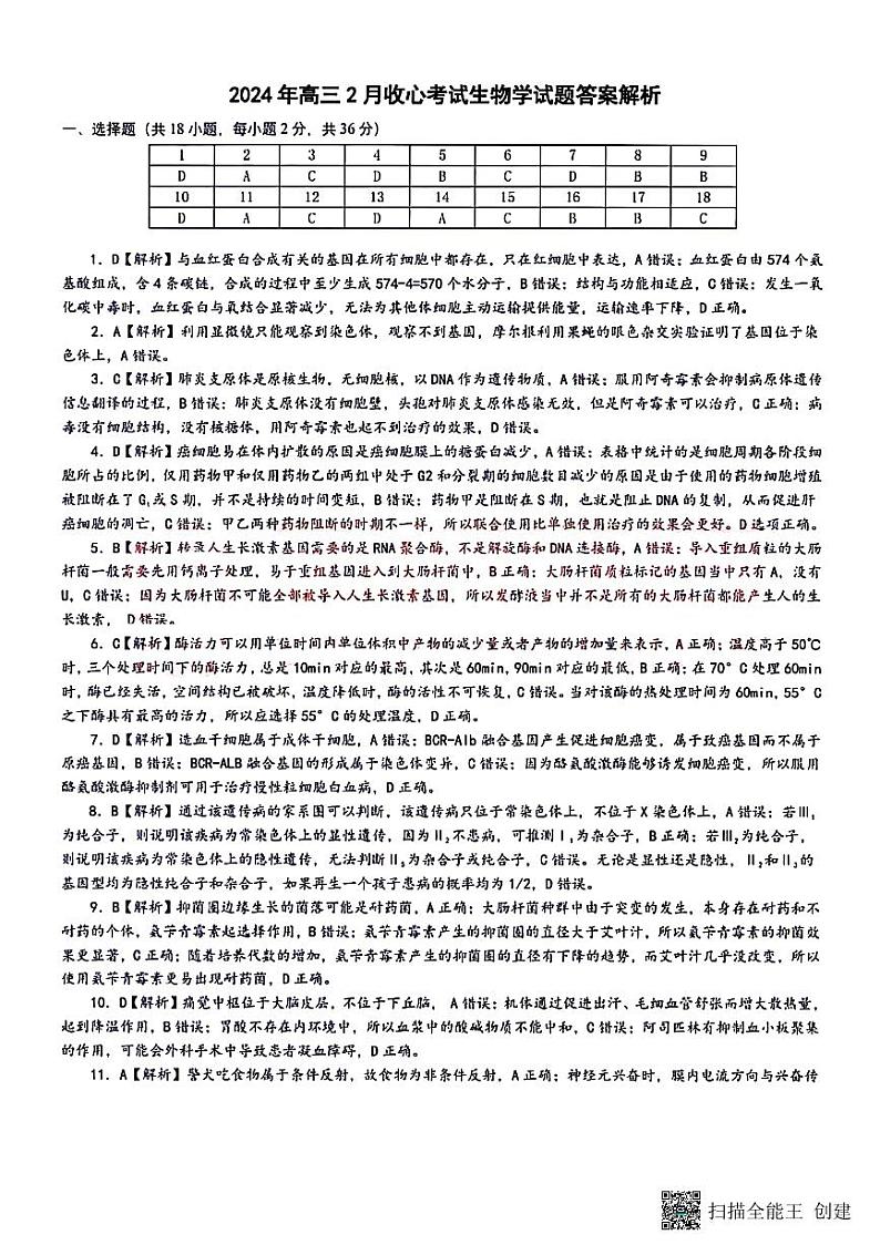 湖北省新高考联考协作体2023-2024学年高三下学期2月收心考试 生物答案第1页