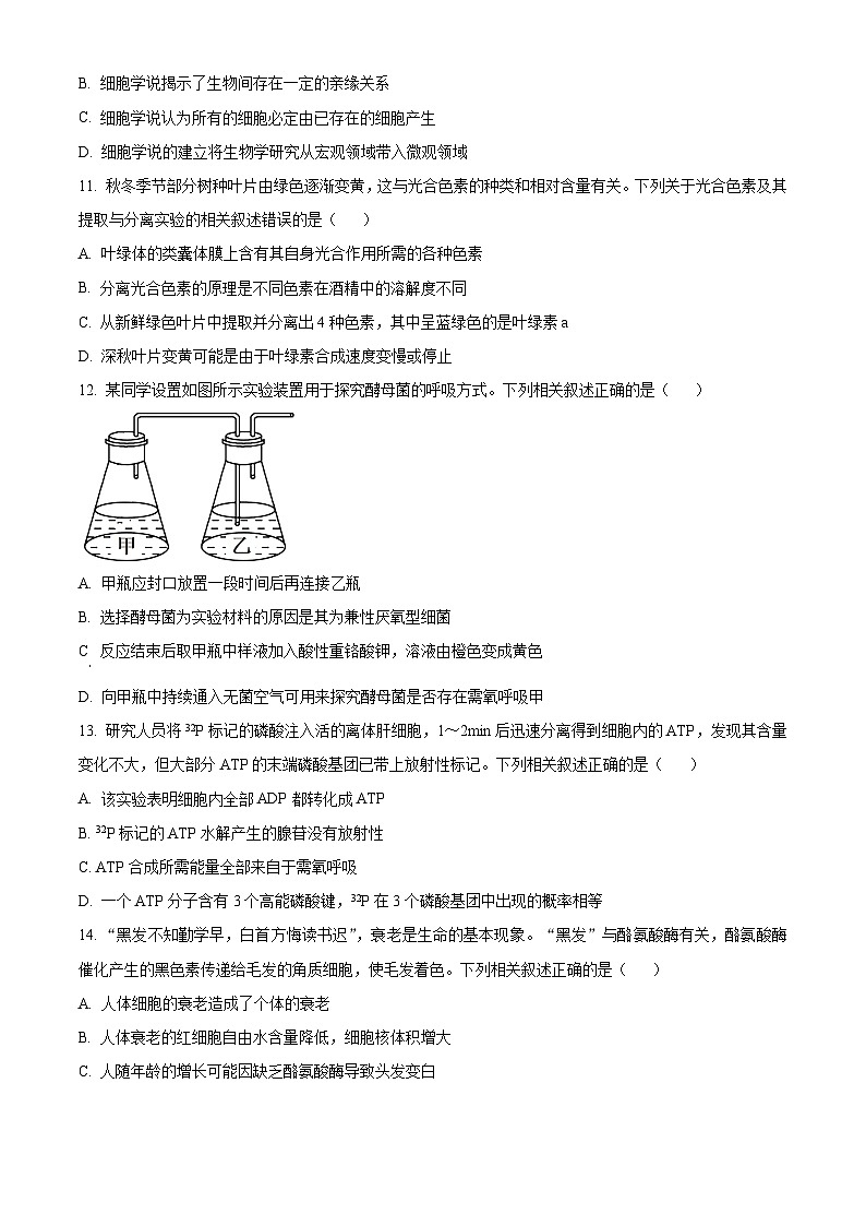2024衢州高一上学期1月期末试题生物含解析03