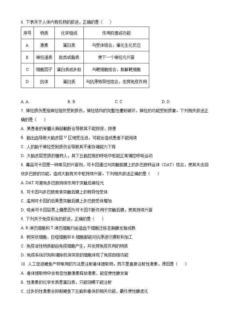 福建省漳州市2023-2024学年高二上学期1月期末生物试题(Word版附解析)03
