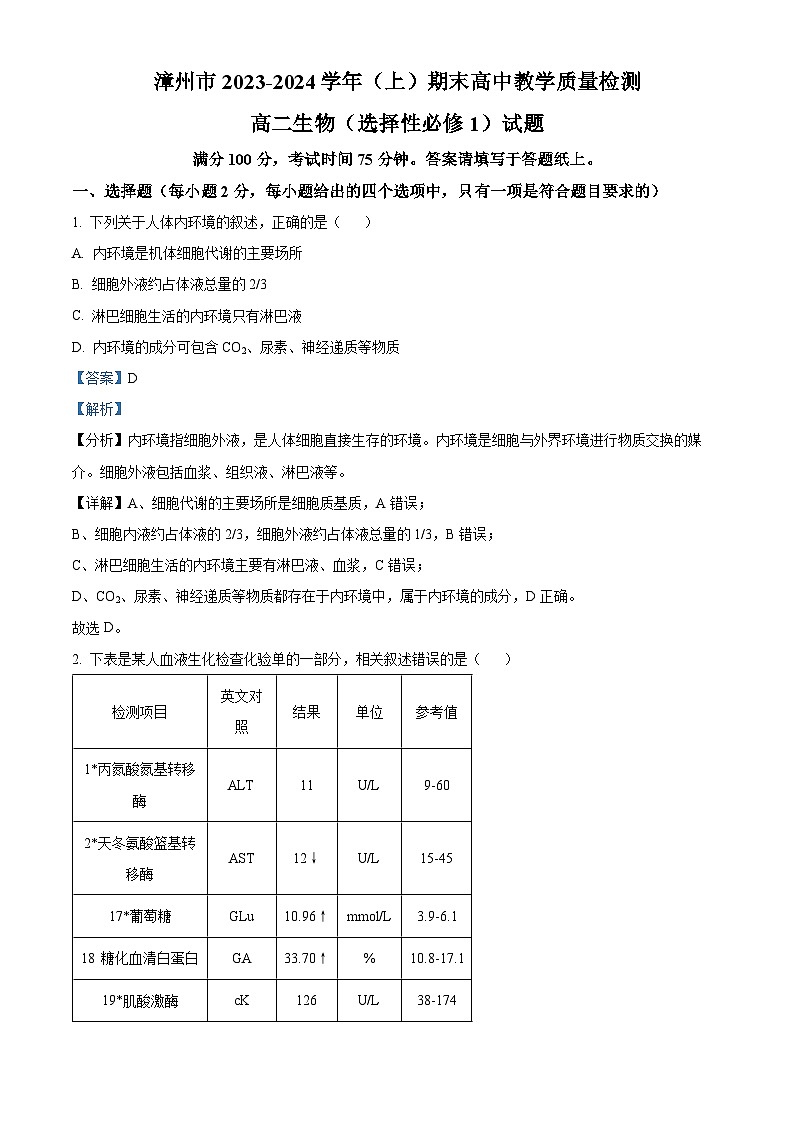 福建省漳州市2023-2024学年高二上学期1月期末生物试题(Word版附解析)01