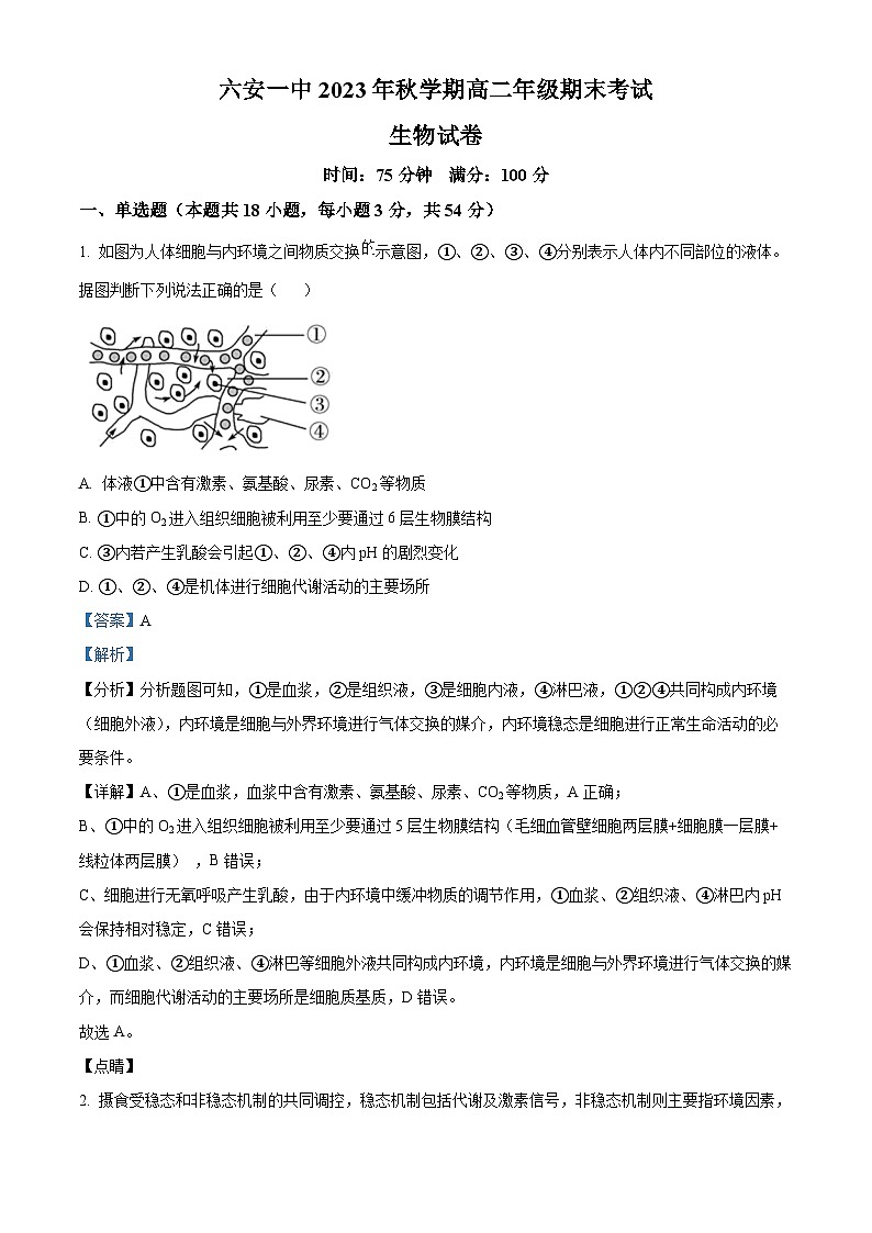 安徽省六安市一中2023-2024学年高二上学期期末生物试题 Word版含解析第1页