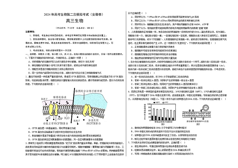 生物(安徽卷)2024年高考第二次模拟考试卷(考试版)A3第1页