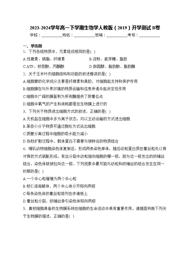 2023-2024学年高一下学期生物学人教版(2019)开学测试 B卷(含答案)第1页