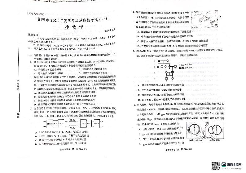 贵州省贵阳市2024届高三下学期适应性测试(一)生物第1页