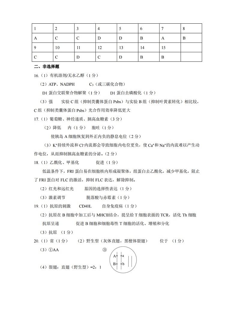 2024届重庆市拔尖强基联盟高三下学期2月联合考试生物答案第1页