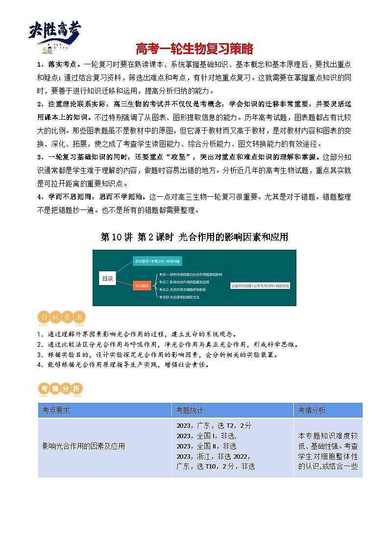 最新高考生物一轮复习【讲通练透】 第10.2讲 光合作用的影响因素和应用(讲义)01